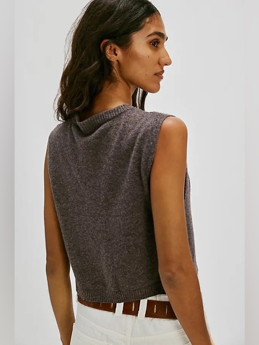 Free People Beatrice 100% Cashmere Cable Knit Button-Front Vest in Plum Truffle - Picture 3 of 10